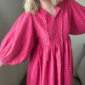Pink Gingham Dress with Puff Sleeves